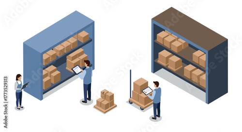 Workers organizing warehouse inventory with digital tablets and boxes on shelves