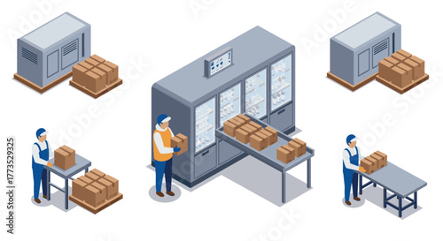 Isometric warehouse operations with workers and storage units