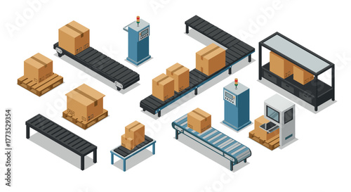Isometric warehouse conveyor system with packages and pallets