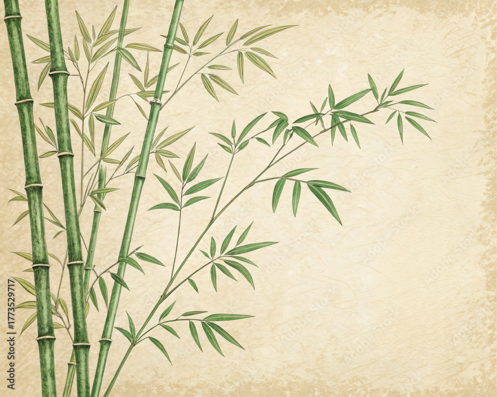 Fototapeta premium A traditional chinese background with green bamboo on a vintage paper texture. This asian vector illustration is a zen, natural, and beautiful art design.