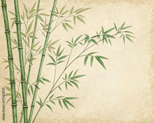 A traditional chinese background with green bamboo on a vintage paper texture. This asian vector illustration is a zen, natural, and beautiful art design.