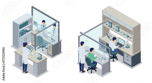 Isometric scientific laboratory with researchers working in modern high-tech environment