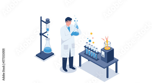 3d isometric laboratory scene with scientist conducting experiment