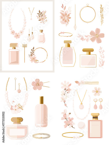 Stylish illustration of perfume bottles, floral jewelry, and accessories in soft pastel tones. Perfect for beauty, fashion, feminine branding, and luxury lifestyle design concepts.