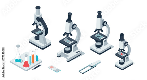 Isometric science lab equipment with microscopes and chemistry glassware