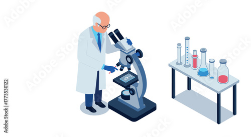 Scientist using microscope in modern laboratory with scientific equipment