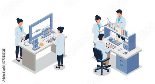 Isometric lab scene: scientists engaged in technology and research