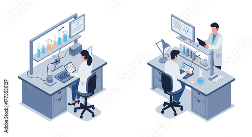 Isometric laboratory scene with scientists conducting experiments and analyzing data