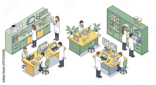 Isometric science lab with researchers conducting experiments and analyzing data
