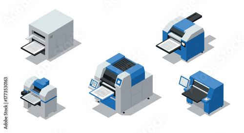 Isometric set of modern industrial printers for commercial use