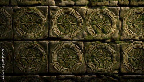 A wall with a pattern of green moss and stone circles