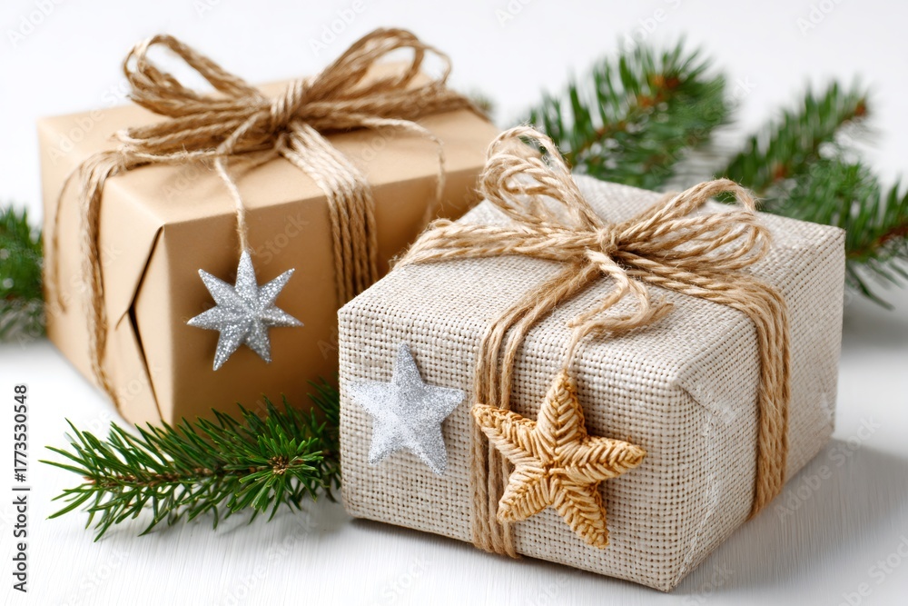Fototapeta premium Rustic christmas gift boxes with festive decorations
