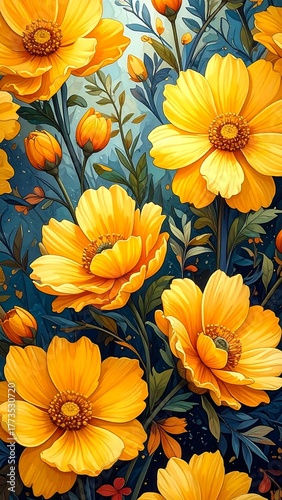 Vibrant yellow flowers in dark background