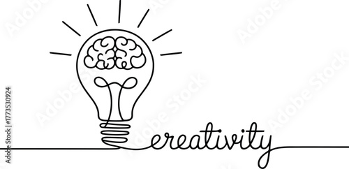 Black line drawing of light bulb with brain and word creativity idea concept