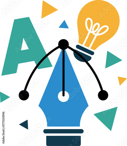 Blue pen nib with lightbulb and geometric shapes idea creativity