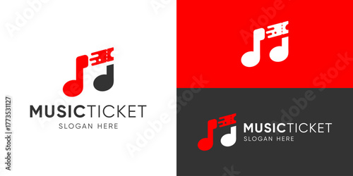 Creative simple music ticket logo template. Music note with ticket coupon logo design vector illustration.