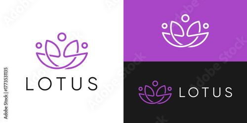 Creative simple lotus logo template. Lotus flower and people with line art style logo design vector illustration.