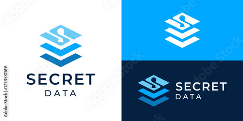Creative modern secret data logo template. Stack data document with abstract letter S key hole for storage server logo design vector illustration.