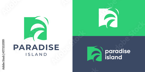 Creative simple paradise island logo template. Palm tree with abstract wave or sand for summer time logo design vector illustration.