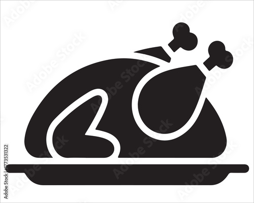Black silhouette icon of roasted chicken or turkey on a plate, vector illustration for restaurant, food delivery, Thanksgiving, poultry, and cooking design concepts