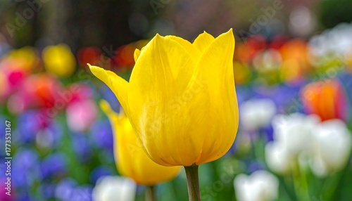 Vibrant yellow tulip in a field of colorful flowers