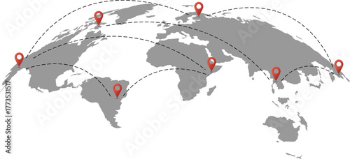 Flat vector world map with red location pins and dashed travel routes. Global connection and logistics network illustration in minimal gray design.