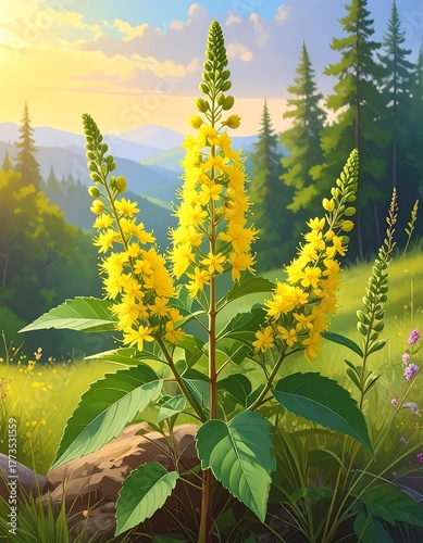 Vibrant yellow wildflowers in a mountain meadow