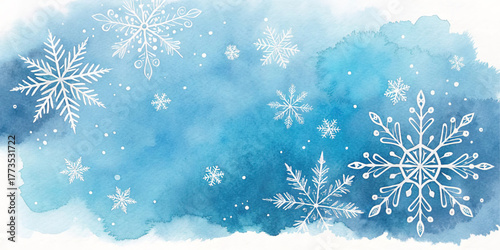 A watercolor background with white snowflakes on a blue abstract texture. This vector illustration is a winter holiday design for a cold season, snow, or celebration card.