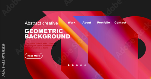 Abstract geometric background design. Vibrant colors, shapes overlap. Website header with navigation options, text content, button.