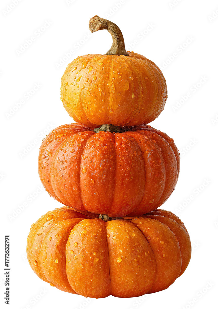 Obraz premium Three stacked, wet, mini pumpkins with stems