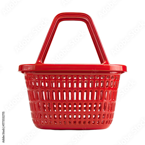 A bright red plastic shopping basket with two handles