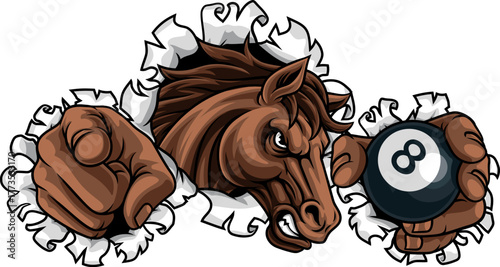 Horse mustang bronco stallion angry pool billiards sports team mascot holding a ball.