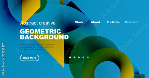 Bright blue backdrop features overlapping colorful geometric shapes. Text promotes creative work, portfolio access. Button invites further exploration.