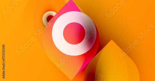 Abstract design features overlapping orange, pink shapes. Central circle draws focus, creating dynamic visual impact. Modern, vibrant composition.