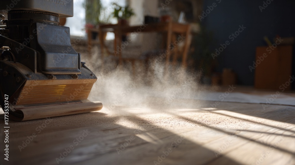 Fototapeta premium Dusty sunbeam tango swirls wildly beneath vintage floor sander, capturing Rejuvenation Day's transformative energy with rhythmic finesse