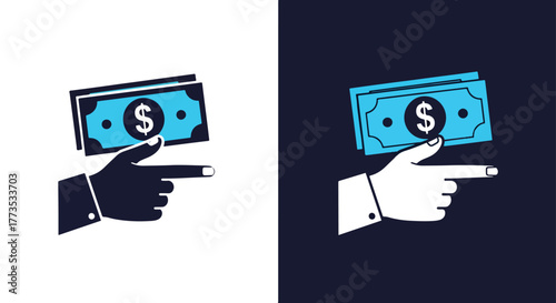 Hand holding money and pointing finger - Vector icon symbol for website - Icon vector - Blue icon vector