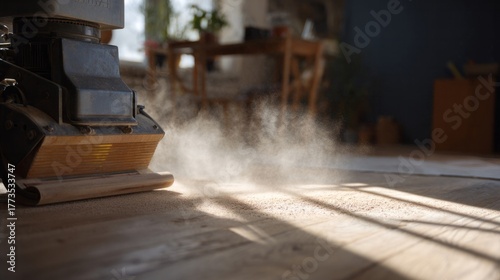 Dusty sunbeam tango swirls wildly beneath vintage floor sander, capturing Rejuvenation Day's transformative energy with rhythmic finesse