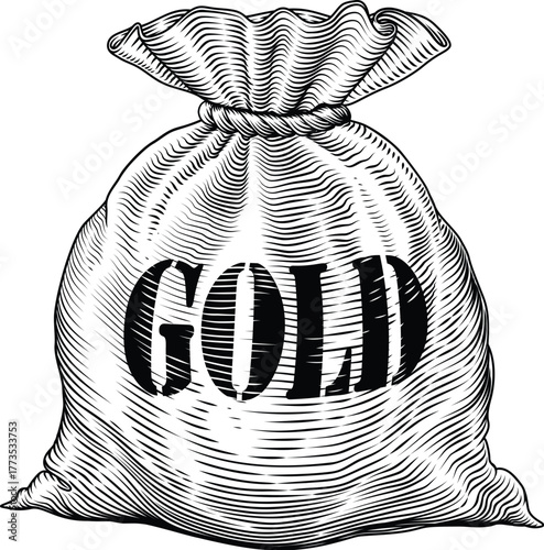 A sack or bag of gold in a vintage woodcut style