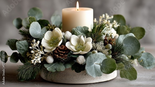 Rustic Holiday Candle Centerpiece with Cotton and Greenery
