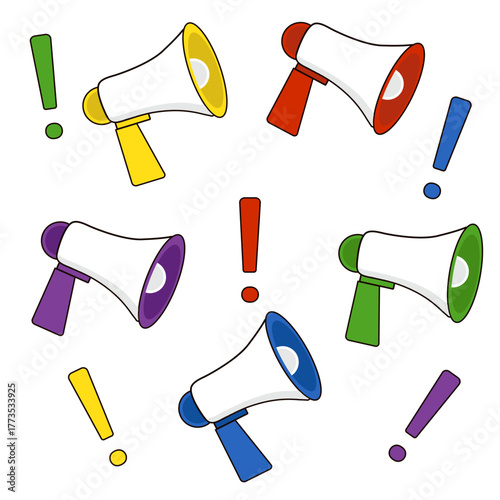 Multicolored loudspeakers, exclamation marks, red loudspeaker, yellow loudspeaker, horn, megaphone