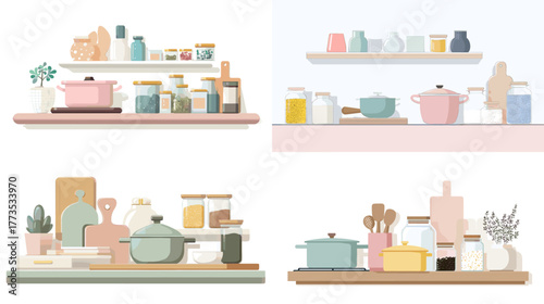 Modern kitchen shelves illustration with pots, jars, boards, and vases in warm pastel tones. Perfect for cooking, food storage, home interior, and minimalist kitchen design.
