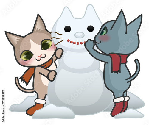 雪だるまを作っている2匹の猫のキャラクター