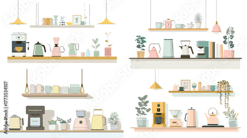 Stylish minimalist kitchen shelves illustration with coffee makers, kettles, plants, and jars in pastel tones. Ideal for home decor, modern kitchen, and lifestyle design.
