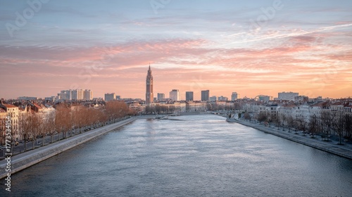 Wallpaper Mural Serene river cityscape with pastel dawn sky, embodying urban tranquility, World Rivers Day celebration and contemporary architectural harmony Torontodigital.ca