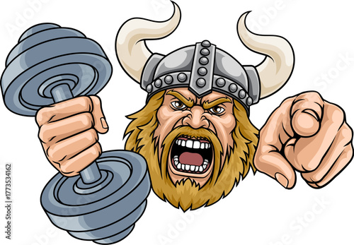 An angry Viking personal trainer cartoon character holding weight lifting dumbbell and pointing sports team gym mascot illustration.