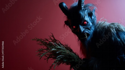 Eerie horned creature lurks with glowing eyes, reminiscent of Krampusnacht mischief or Yules shadowy folklore traditions