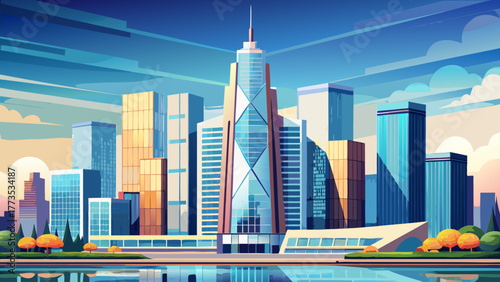 Very beautiful modern skyscraper in downtown Chicago, Illinois, USA, featuring sleek glass architecture and reflections of nearby office towers in the business district skyline under bright daylight.