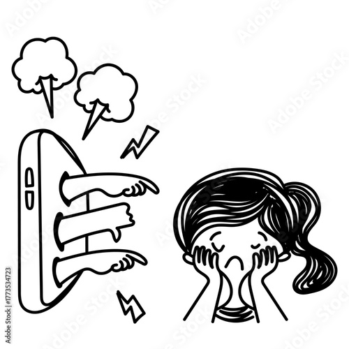 hand drawn doodle icon about social media bullying cyberbully from mobile phone on girl