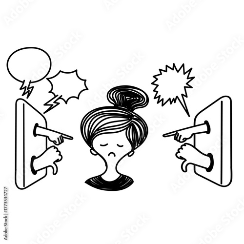 hand drawn doodle icon about social media bullying cyberbully from mobile phone on girl