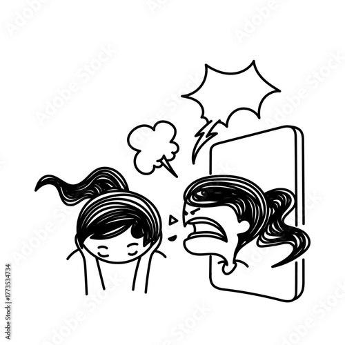 hand drawn doodle icon about social media bullying cyberbully from mobile phone on girl